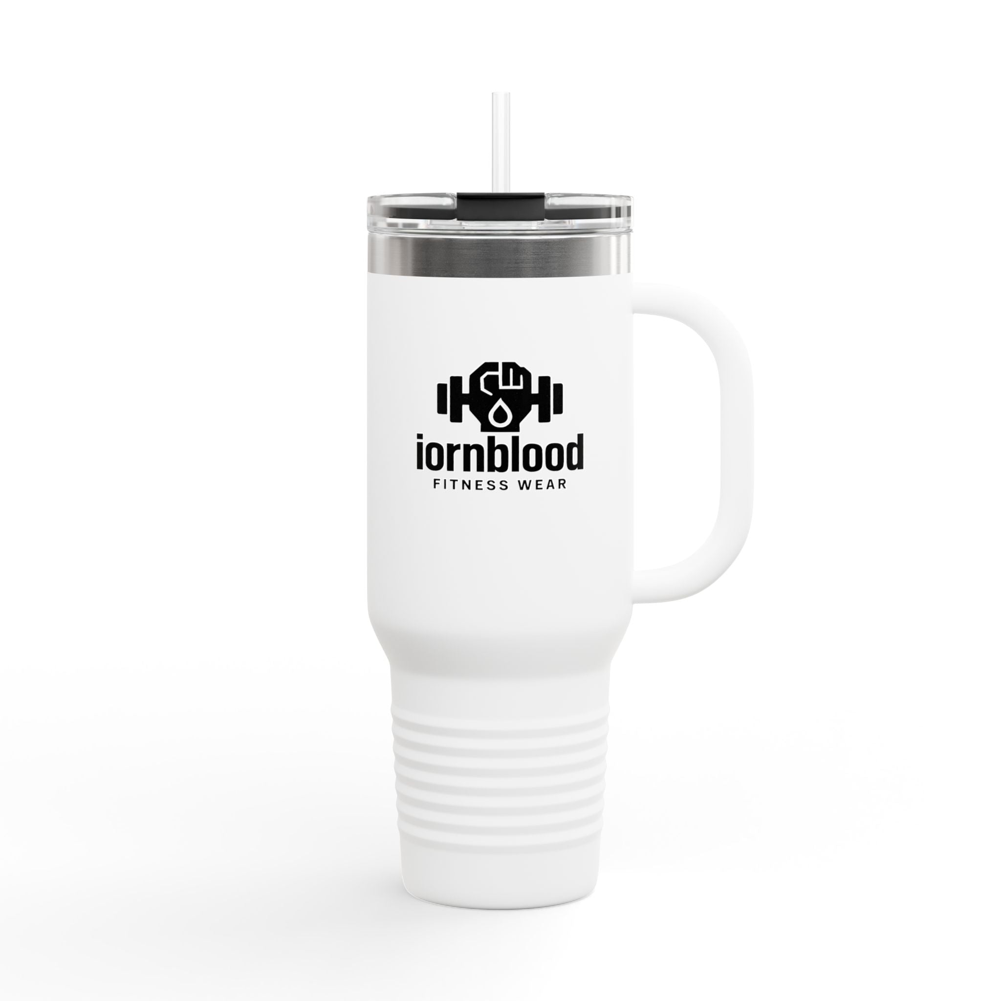 40oz Insulated Travel Mug — Ironblood Fitness Logo, Double-Wall Stainless Steel Tumbler with Straw Handle