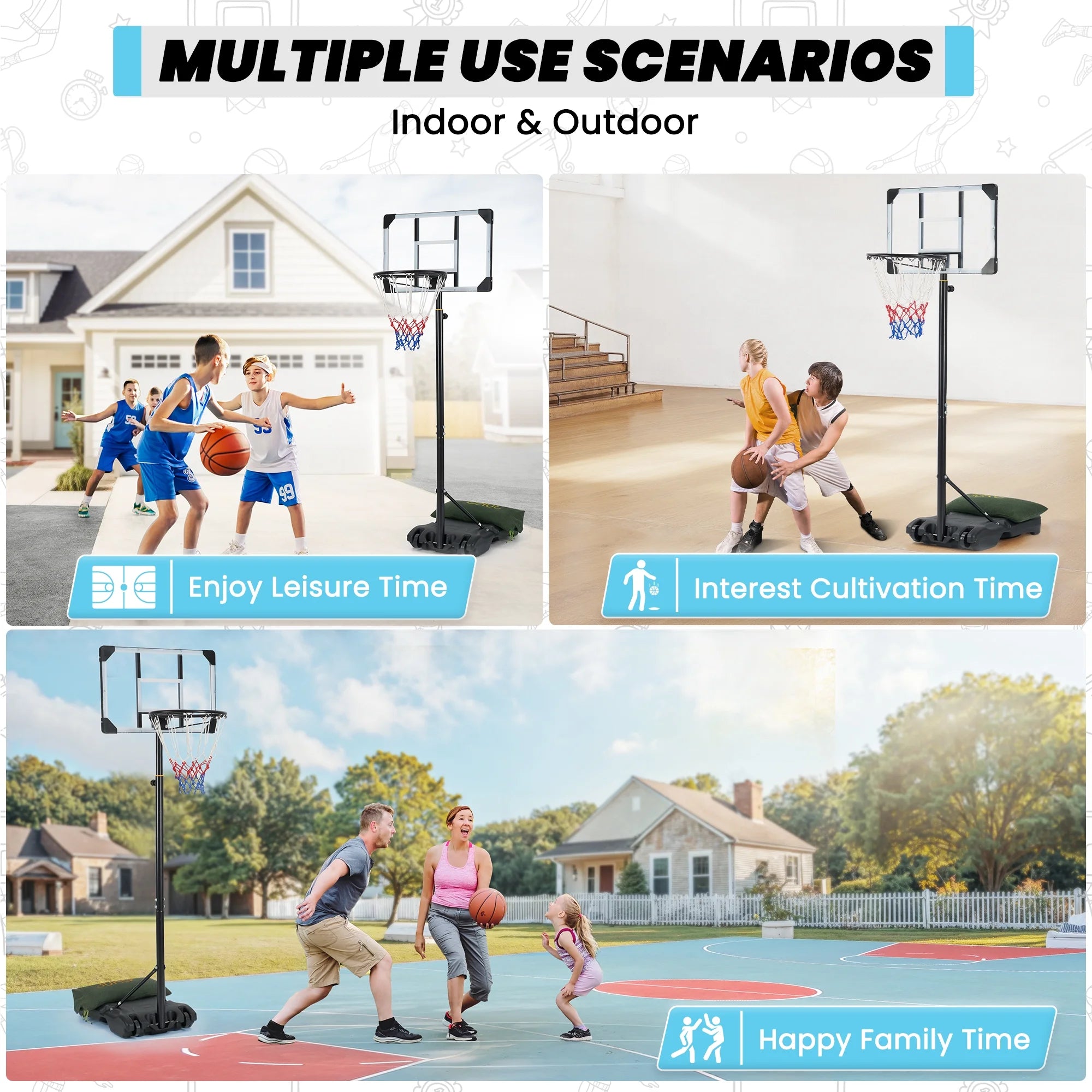 28In Basketball Hoop Basketball Goal System Height Adjustable 5.1Ft to 7Ft Court for All Age Ranges Indoor Outdoor Use