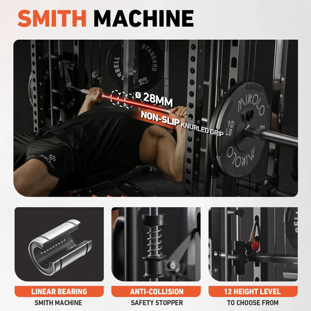 Smith Machine, All-In-One Power Rack Cage with Vertical Leg Press, 2000LBS Power Cage Squat Rack with Smith Bar, Dual Pulley Cable Crossover System for Home Gym