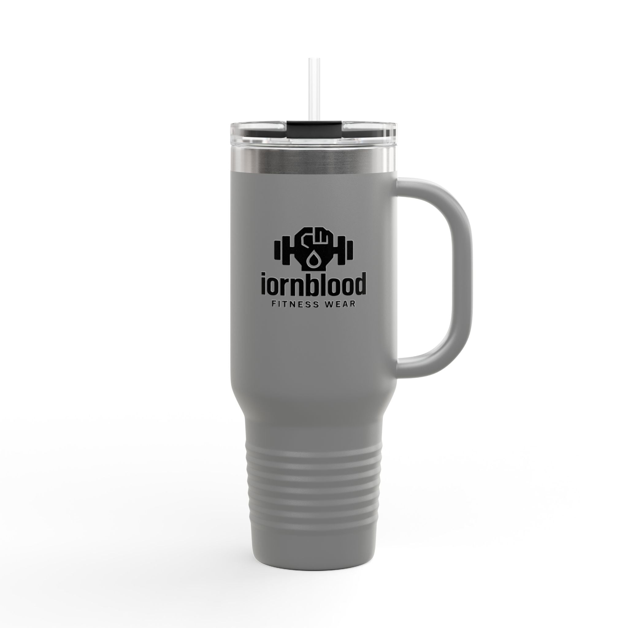 40oz Insulated Travel Mug — Ironblood Fitness Logo, Double-Wall Stainless Steel Tumbler with Straw Handle